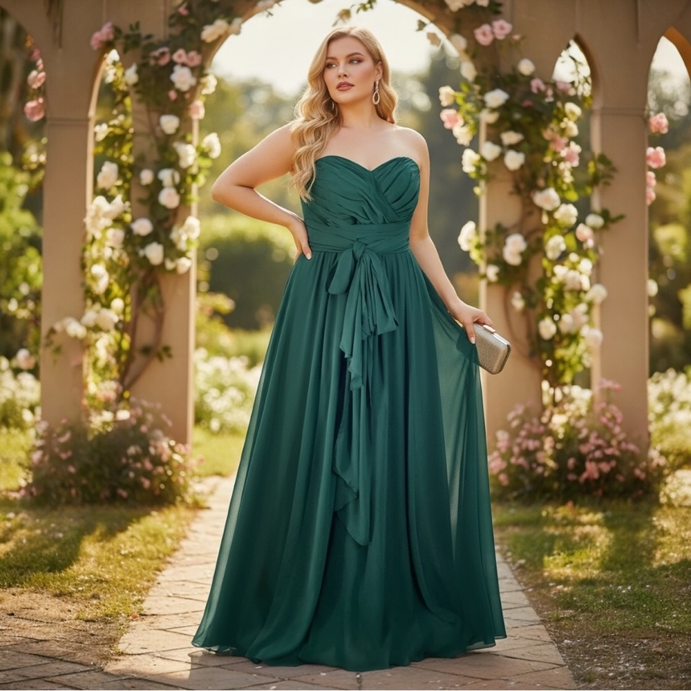 Elegant Green Strapless Evening Gown Plus Size 2X - Picture 2 of 10